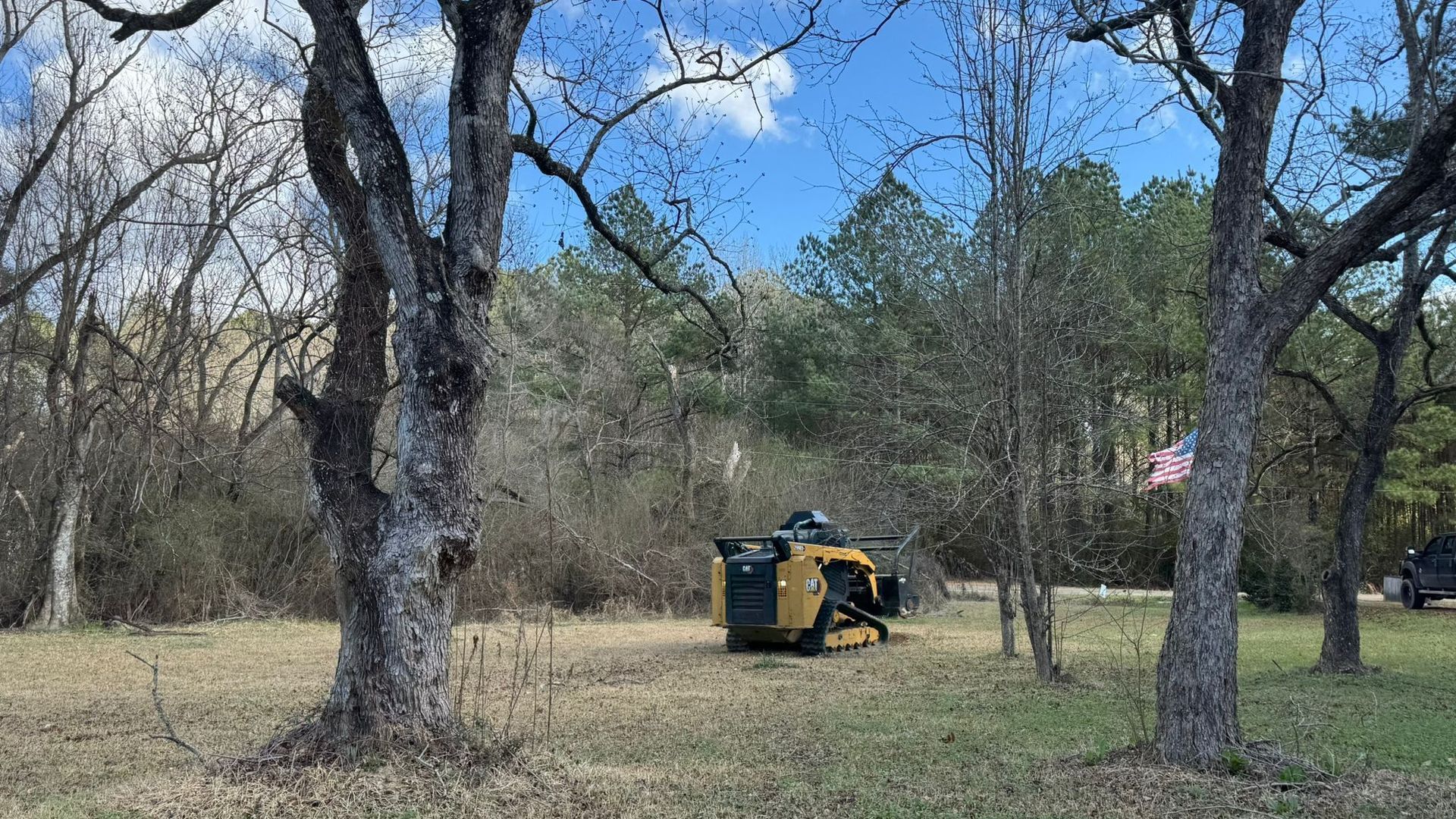 Yellow construction equipment sits in a clearing between trees, with a wooded background and a blue sky.