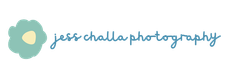 Logo for Jess Challa Photography featuring a light blue flower icon with a cream center next to handwritten blue text.
