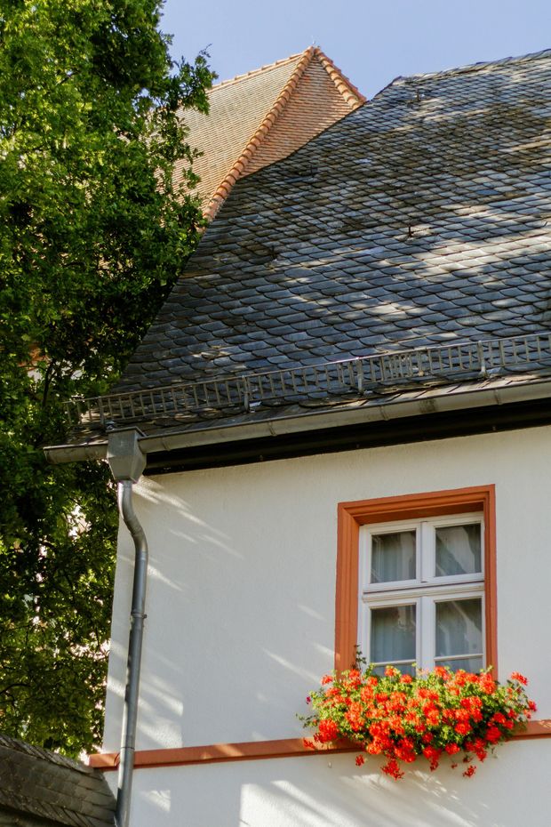 White house with gray shingled roof, orange-trimmed window, and red flowers beneath it.