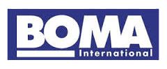 The logo for boma international is blue and white.