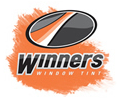 The logo for winners window tint is orange and black.