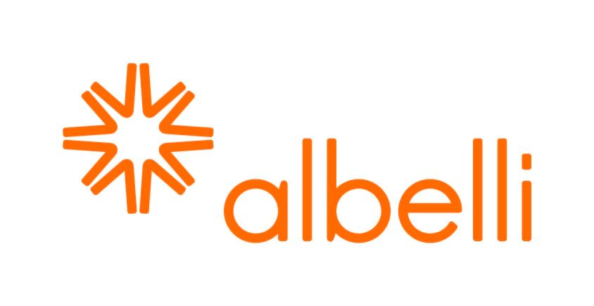 Orange Albelli logo with a starburst icon and lowercase wordmark on a white background