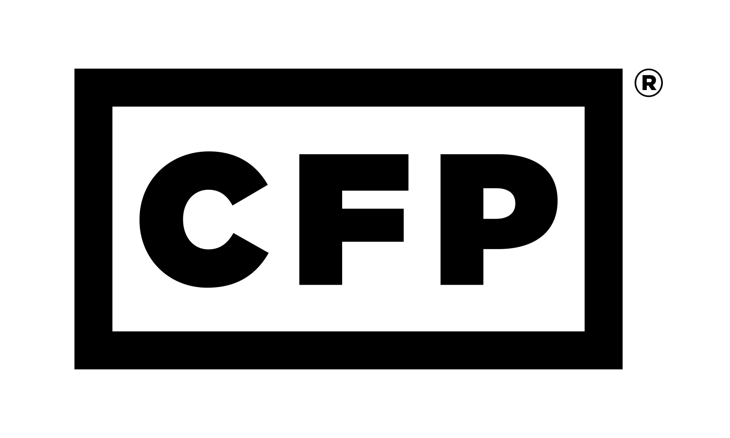 A black and white logo for a company called cfp.
