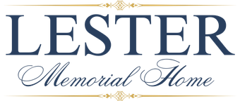 Logo for Lester Memorial Home in dark blue serif and script text with gold decorative line on white background