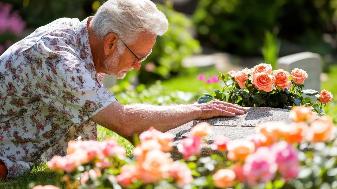 Elderly gardener tending flowers in a sunny garden, leaning over pink and orange blooms