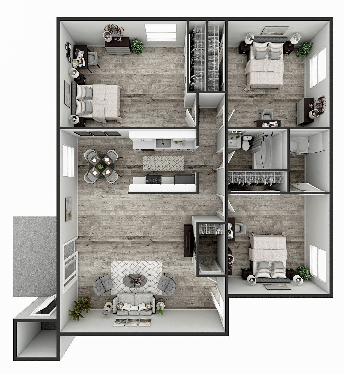 Top-down floor plan of a small bedroom and bathroom with neutral decor and furniture.