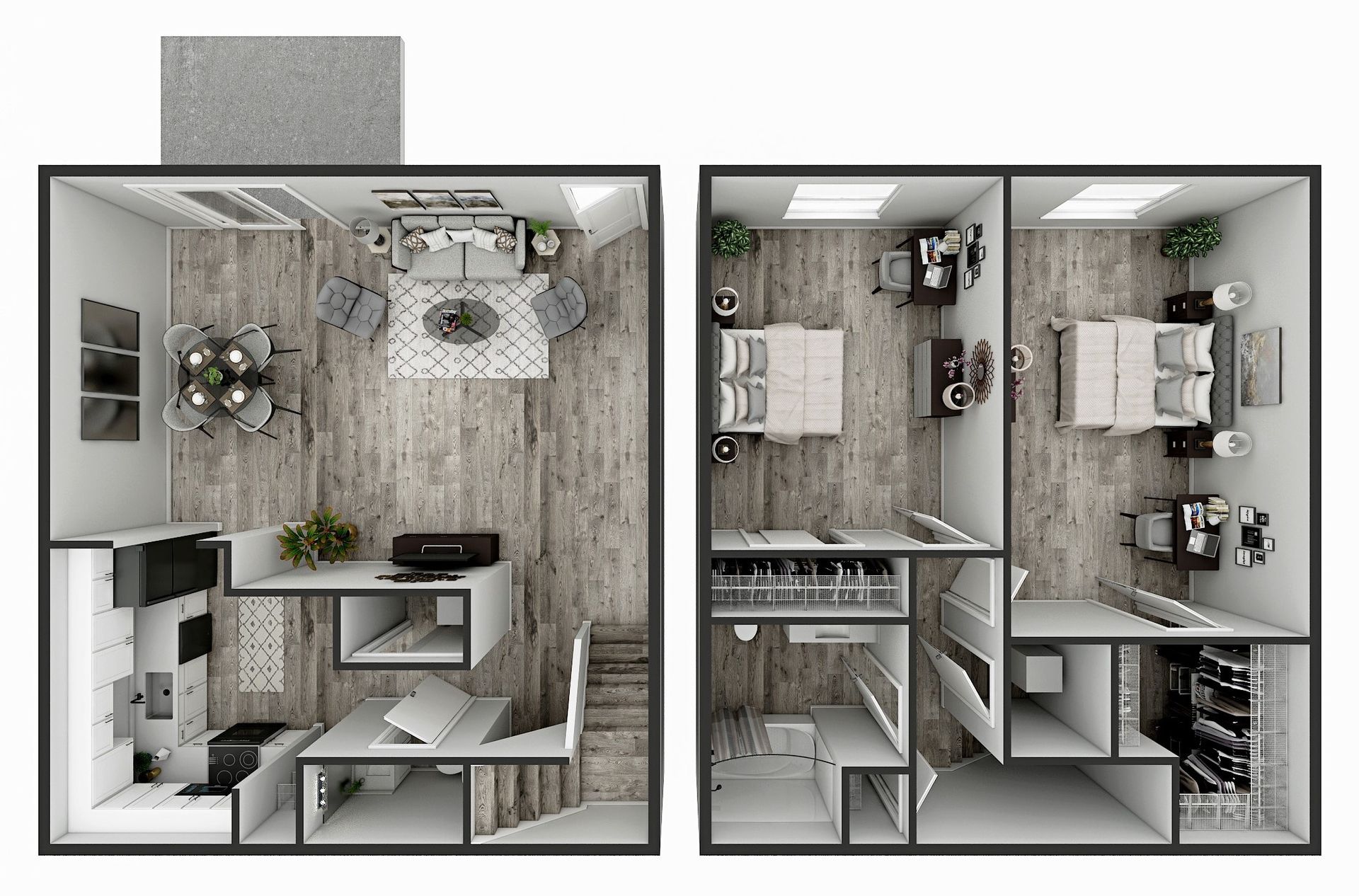 Top-down floor plan of a small bedroom and bathroom with neutral decor and furniture.