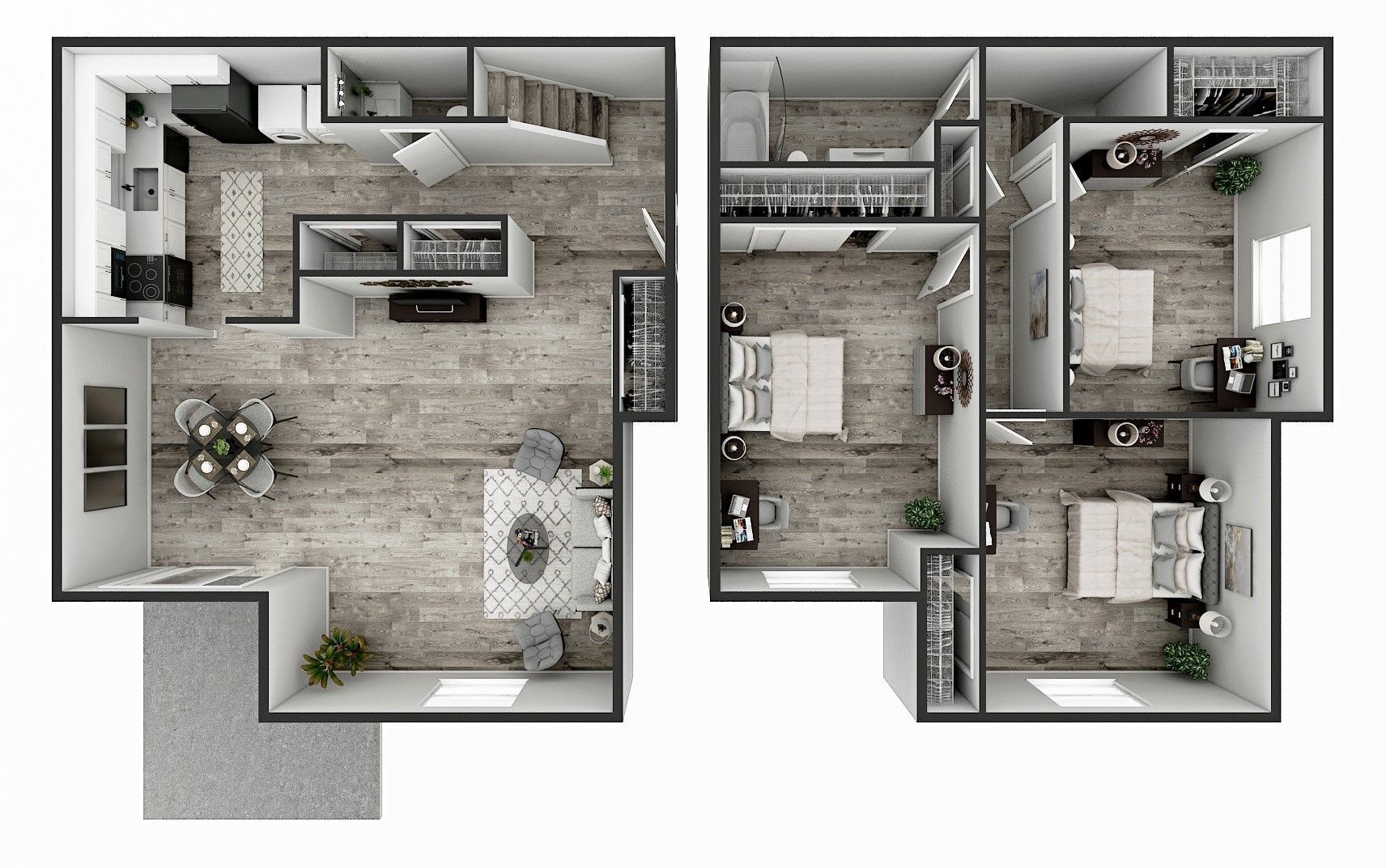 Top-down floor plan of a small bedroom and bathroom with neutral decor and furniture.