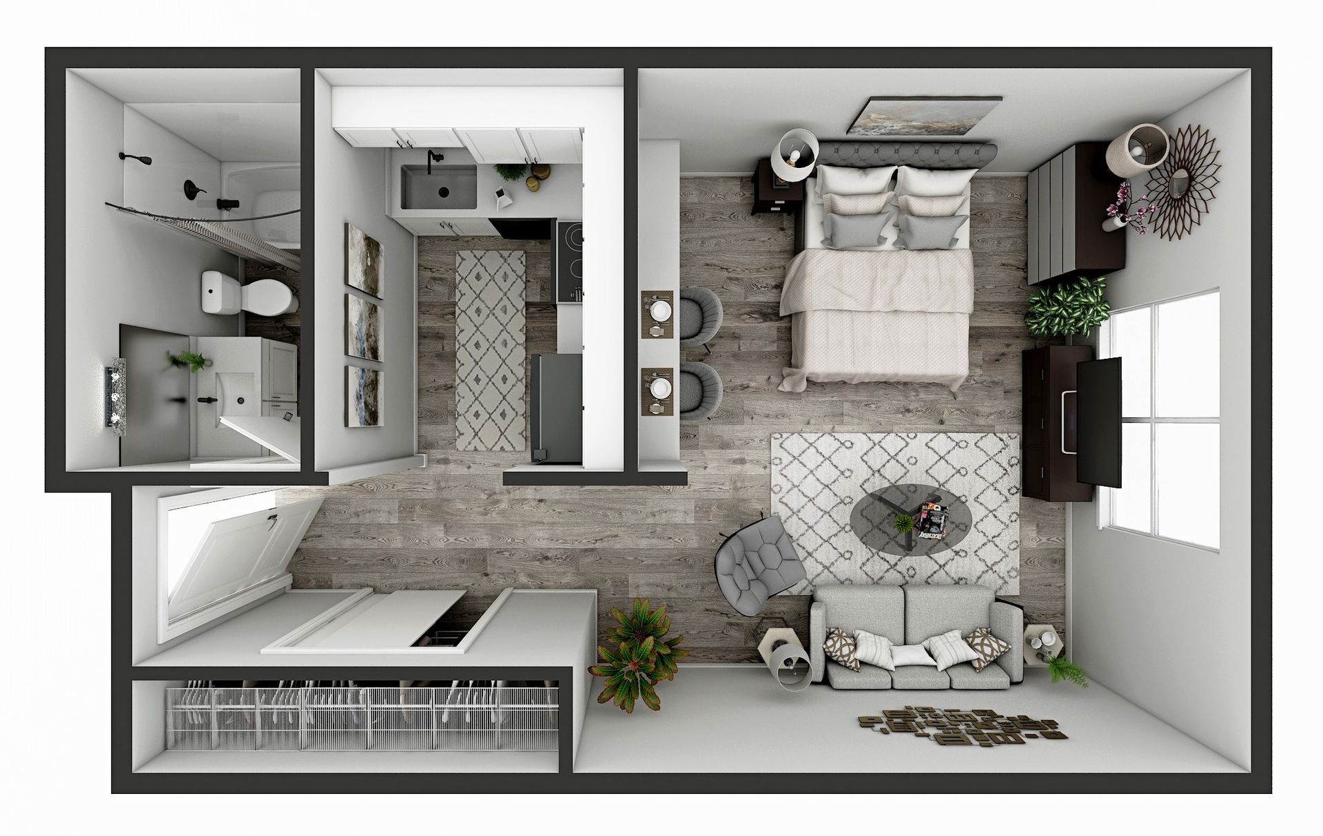 Top-down floor plan of a small bedroom and bathroom with neutral decor and furniture.