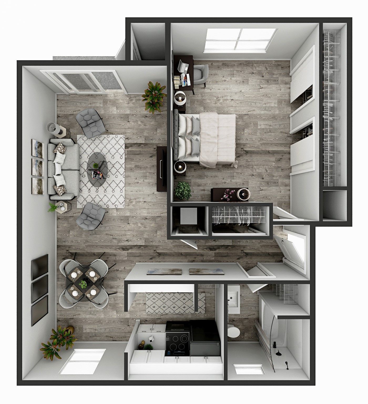 Top-down floor plan of a small bedroom and bathroom with neutral decor and furniture.