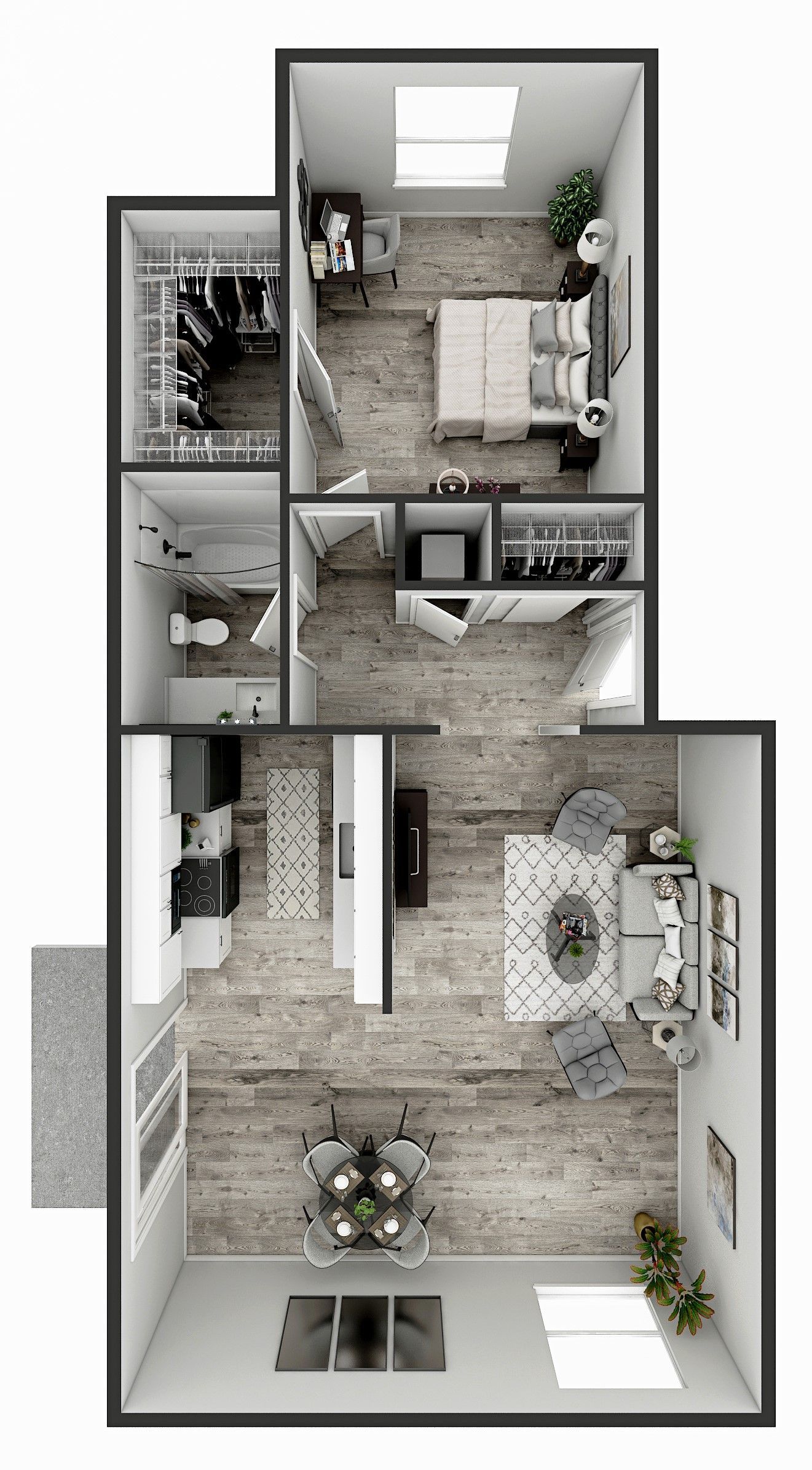 Top-down floor plan of a small bedroom and bathroom with neutral decor and furniture.