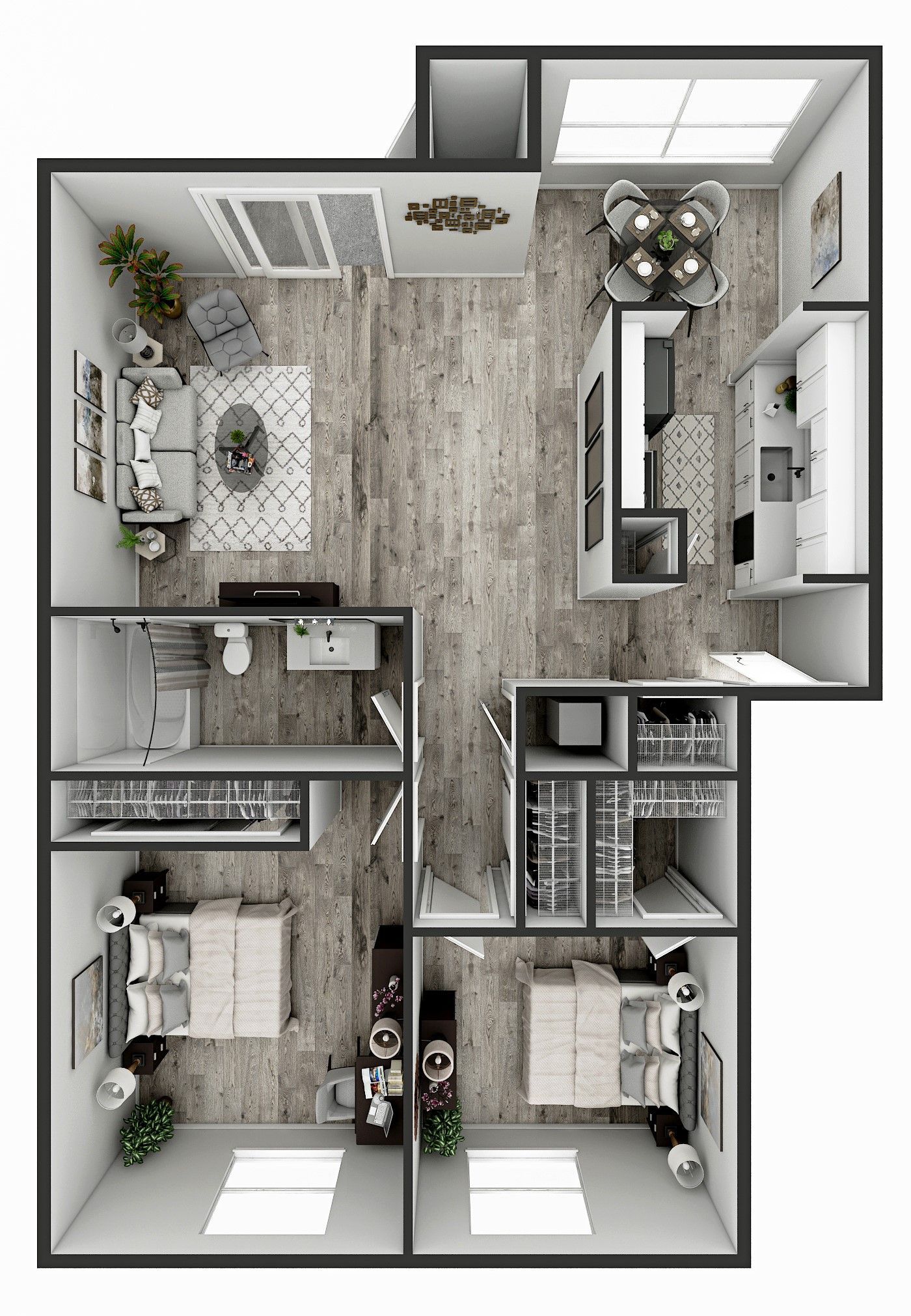 Top-down floor plan of a small bedroom and bathroom with neutral decor and furniture.