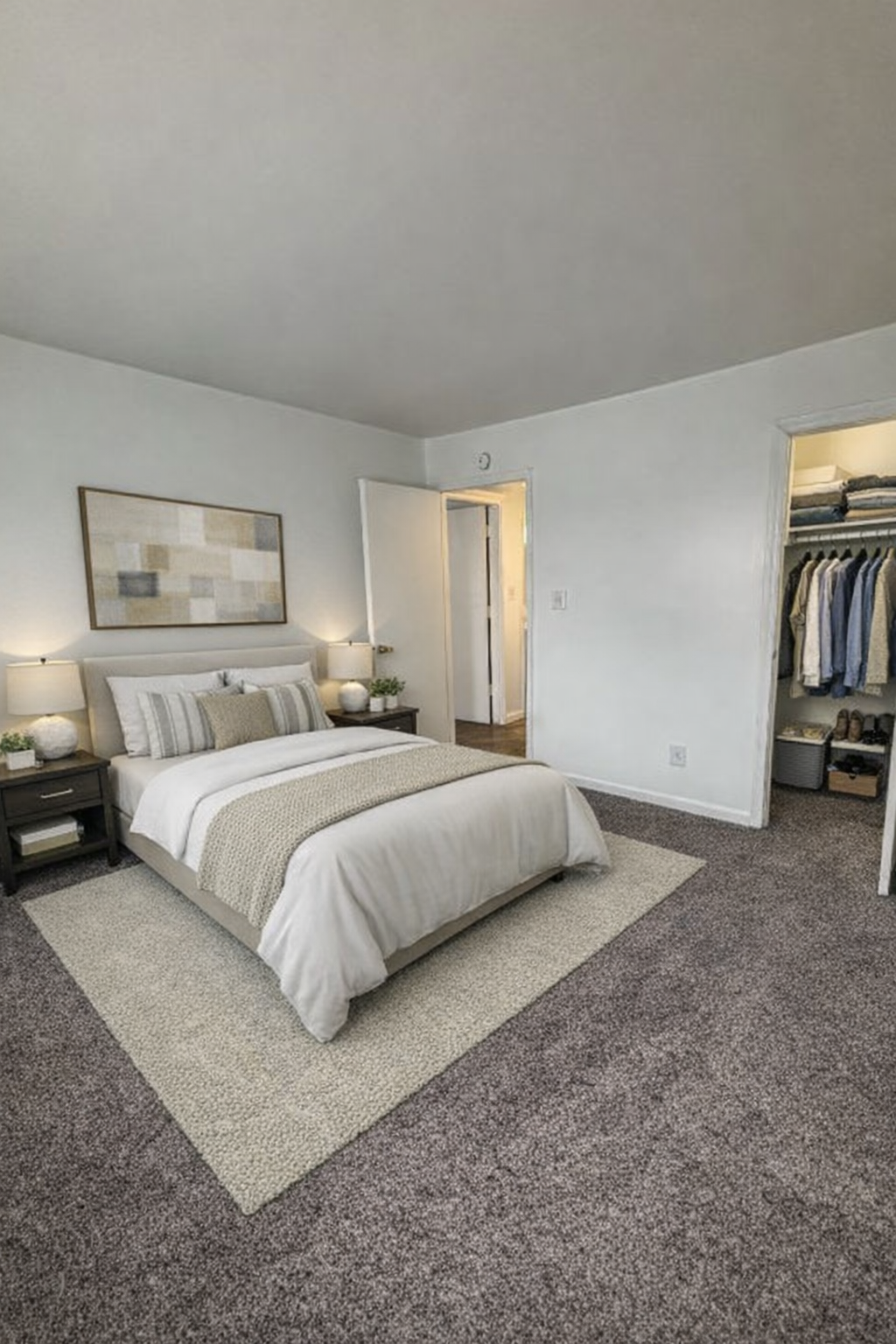 Neutral bedroom with a bed, bedside lamps, carpet, and open closet doors