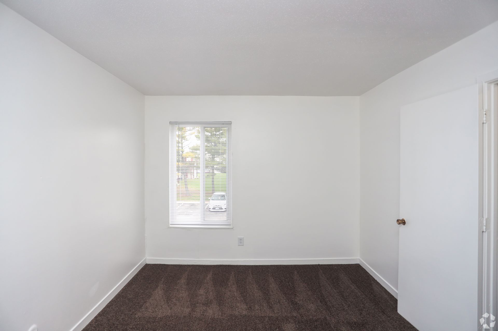 Empty white bedroom with dark carpet and a small window with blinds.