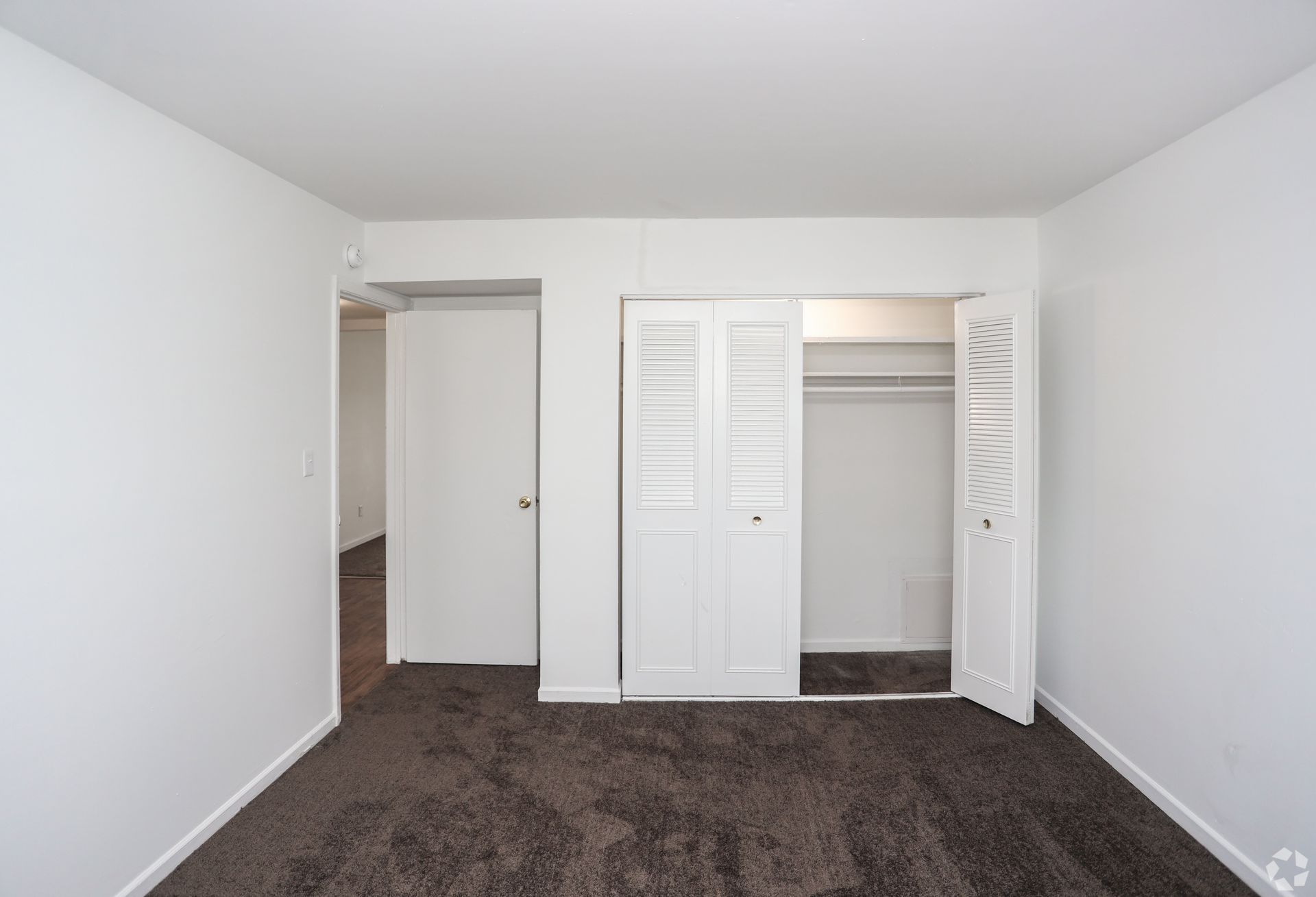 Empty white bedroom with open closet doors and dark carpet floor