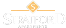 Stratford Apartments logo with a gold diamond emblem and gray text on a white background