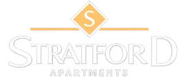 Stratford Apartments logo with a gold diamond emblem and gray text on a white background