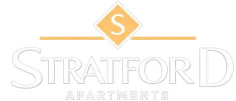 Stratford Apartments logo with a gold diamond emblem and gray text on a white background