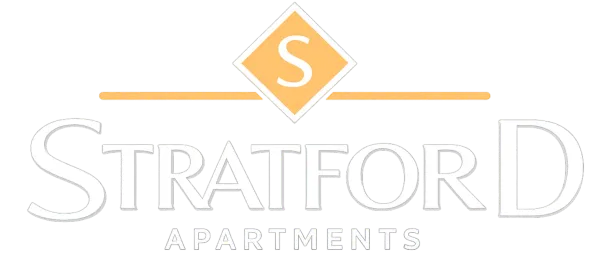 Stratford Apartments logo with a gold diamond emblem and gray text on a white background