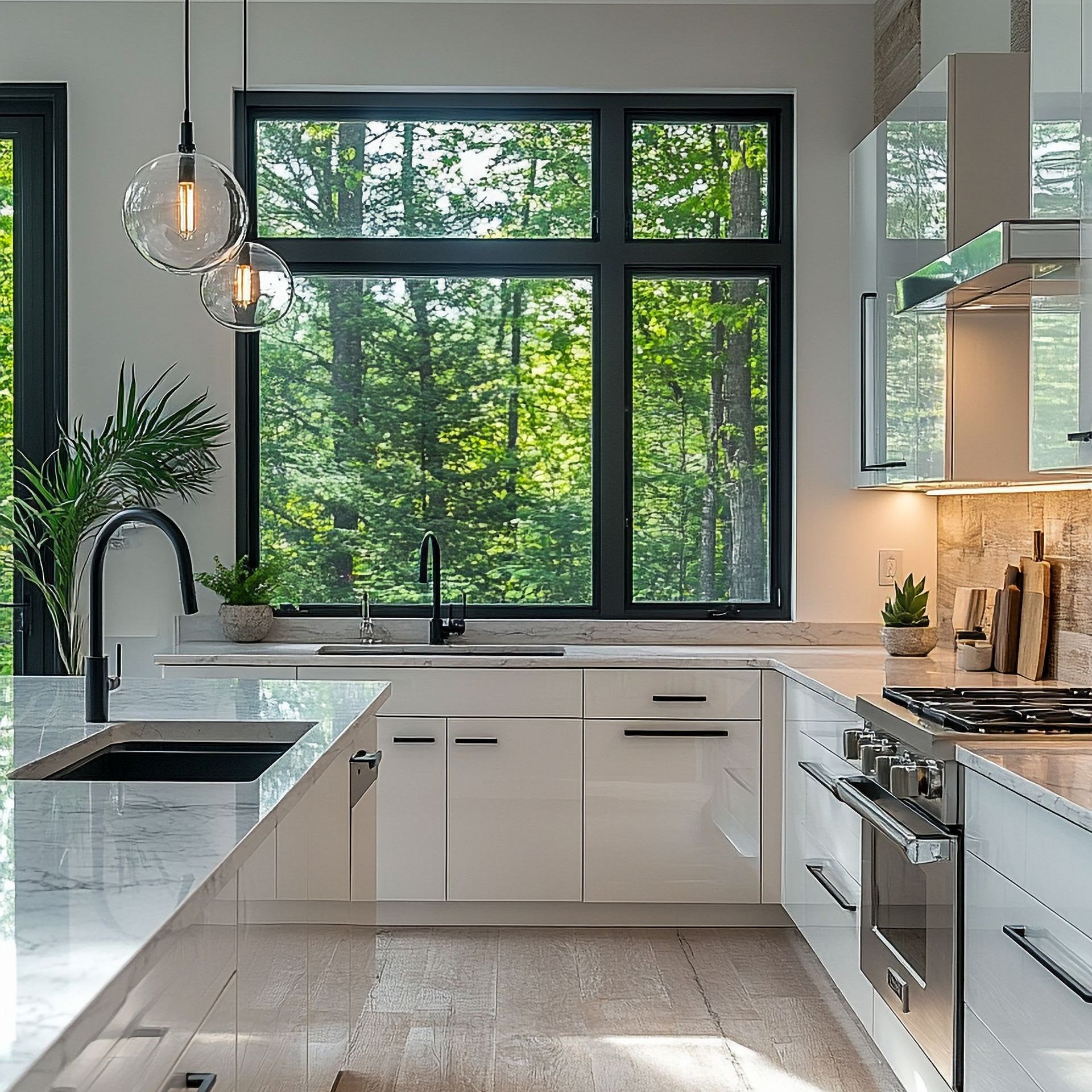 A kitchen with white cabinets , a sink , a stove , and a large window.