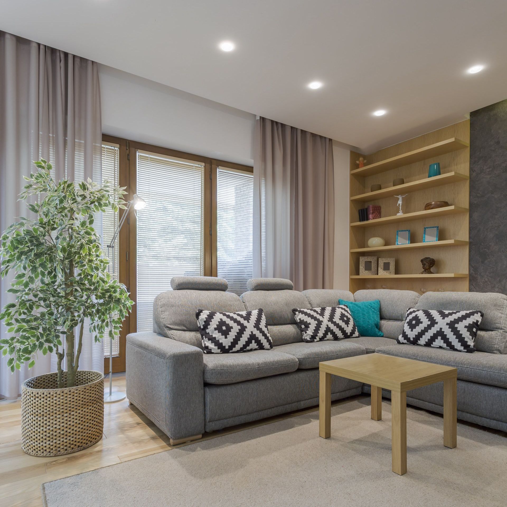 A living room with a couch , table , and potted plant.
