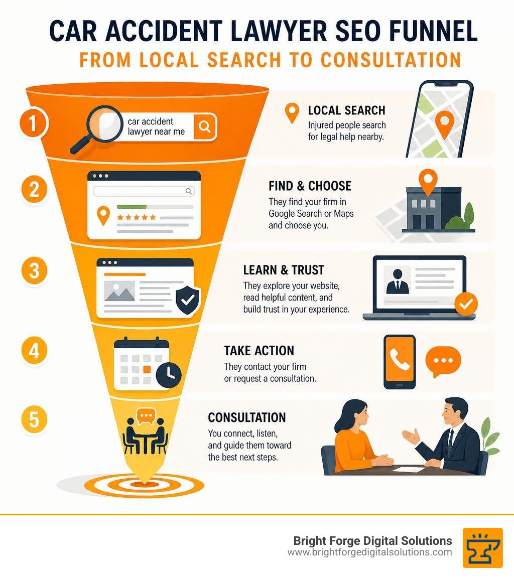 Car accident lawyer SEO funnel from local search to consultation infographic