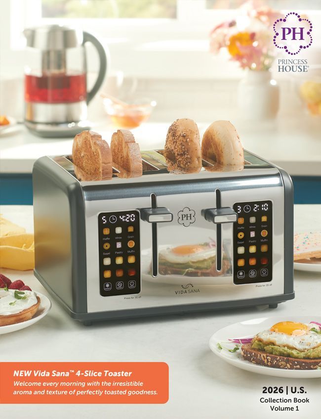 Silver toaster with four bagels and digital controls on a kitchen counter
