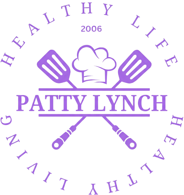 Purple “Patty Lynch Healthy Life” logo with chef hat and crossed spatulas, “2006” above.
