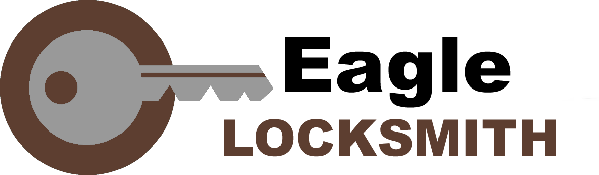Eagle Locksmith logo with a brown key icon and black and brown text on a white background