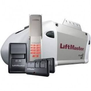 LiftMaster garage door opener kit with remote controls and keypads on white background