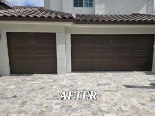 Double garage with dark brown doors and stone driveway, labeled “AFTER”