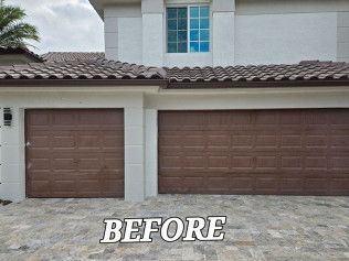 Front of a house with a brown double garage door and a single garage door, labeled “BEFORE.”