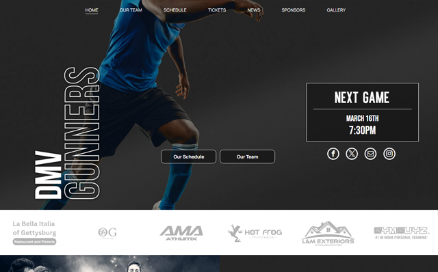 DMV Gunners homepage with a soccer player, “Next Game” panel, and sponsor logos on a dark background