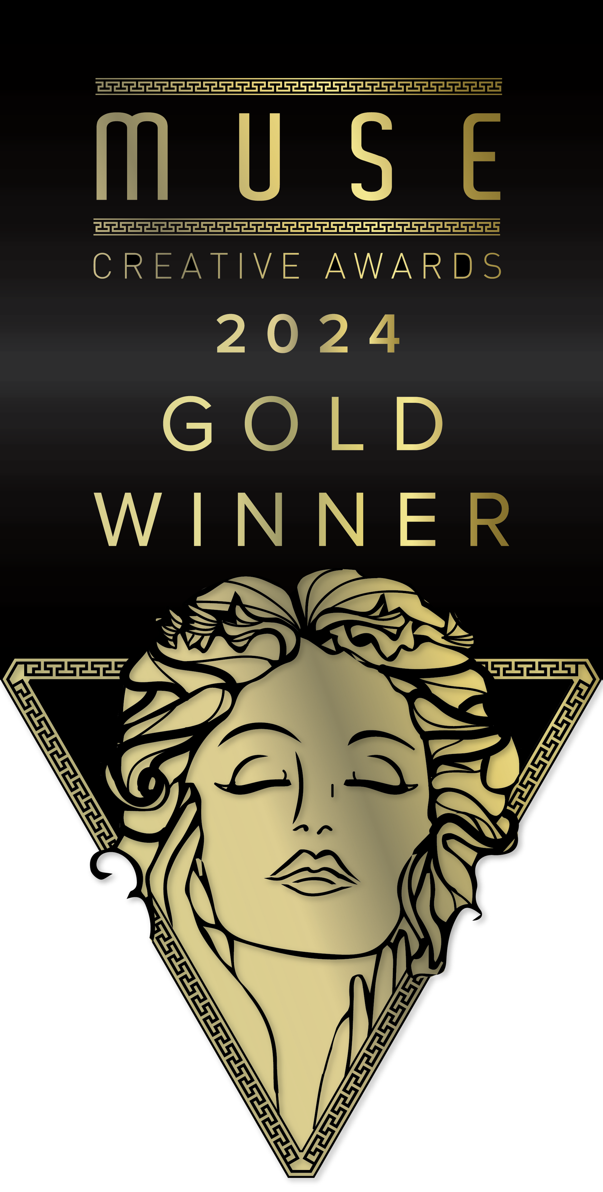 MUSE Creative Awards 2024 Gold Winner poster with gold Medusa-style face on black background