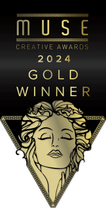 MUSE Creative Awards 2024 gold winner badge with gold Medusa illustration on black background