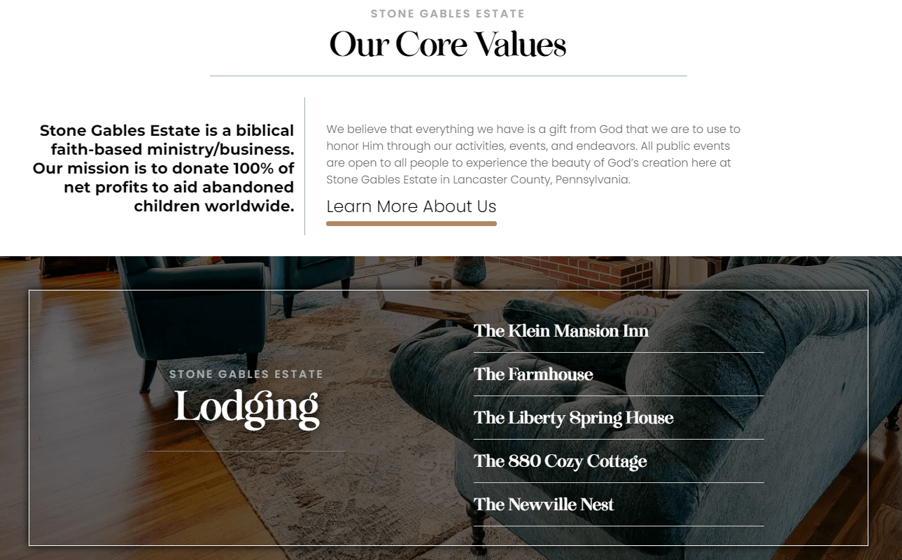 Website section with “Our Core Values” text above a hotel lodging banner and menu links over a bed background