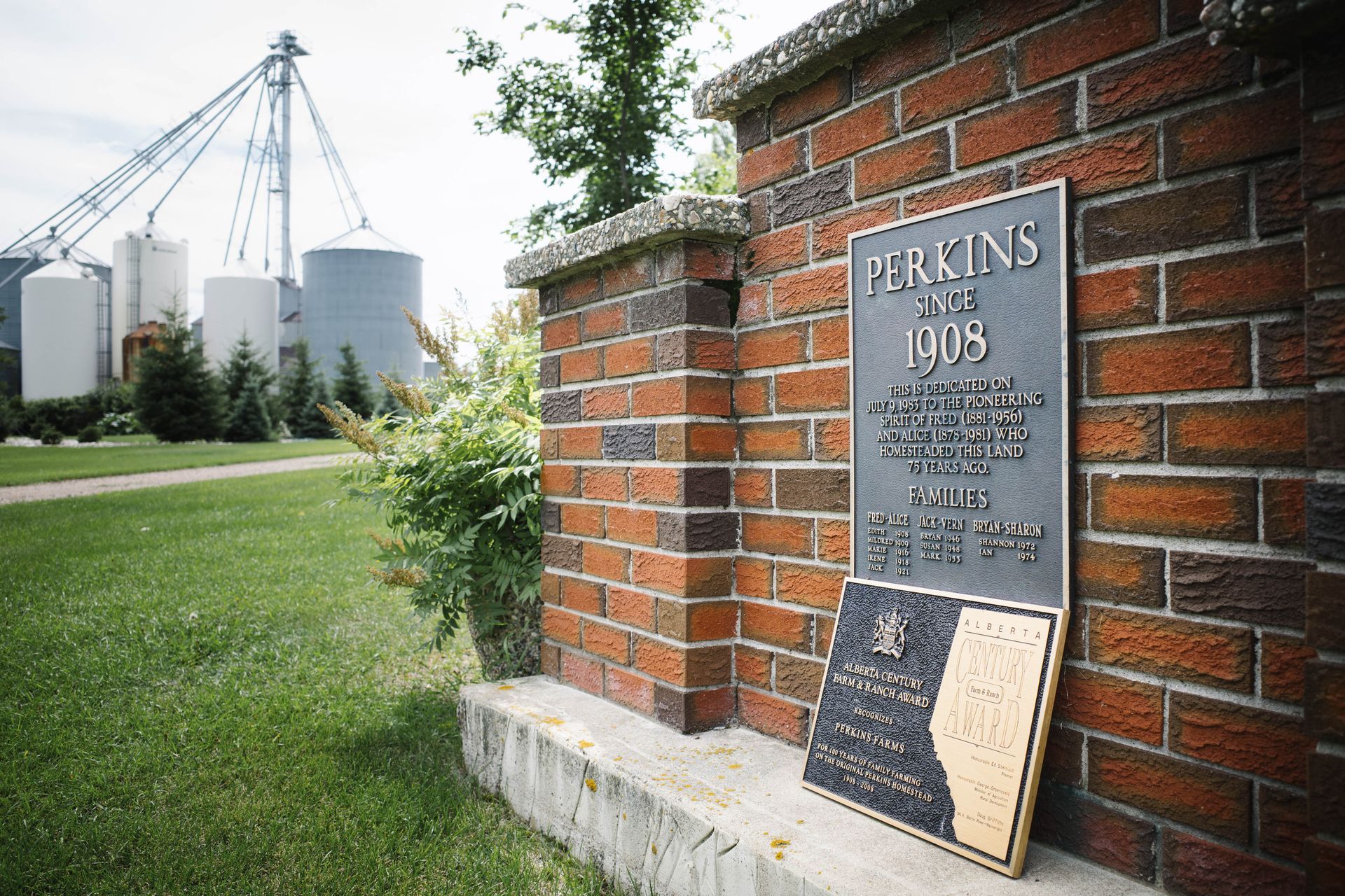 Alberta Century Farm Award plaque on Perkins Farm, Alberta established in 1908