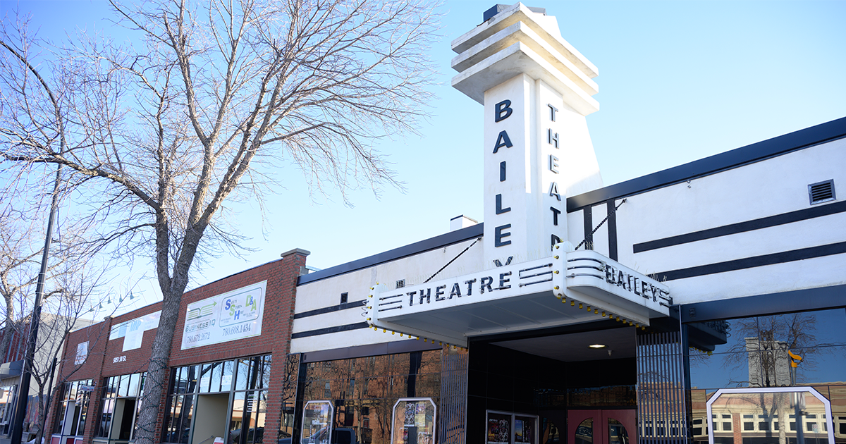 A photo of the front entry of The Bailey Theatre in Camrose, Alberta.