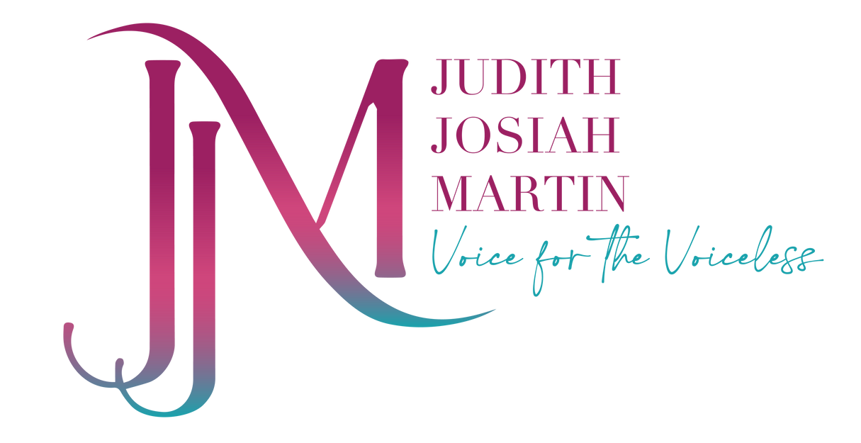 Gradient color logo with deep pink, purple, and green of JJM Judith Josiah Martin with subtitle Voice for the Voiceless