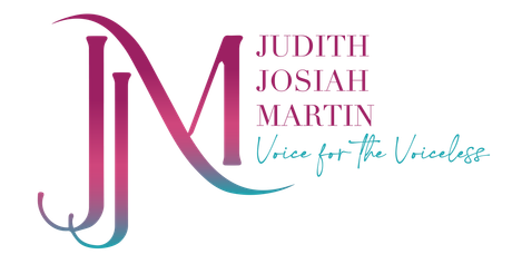 Gradient color logo with deep pink, purple, and green of JJM Judith Josiah Martin with subtitle Voice for the Voiceless