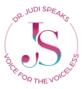 gradient color logo of deep pink, purple, and green for doctor judi speaks with the subtitle voice for the voiceless