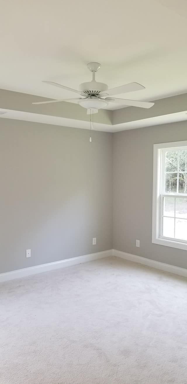 A bright, empty room with light gray walls, a white ceiling fan, crown molding, a window, and beige carpeting.
