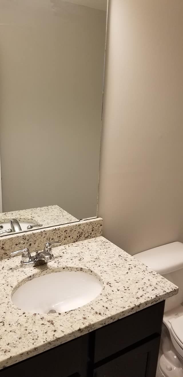 A bathroom vanity featuring a speckled granite countertop, a white oval sink, and a dark cabinet, set against a wall.