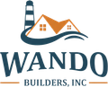 Logo for Wando Builders, Inc. featuring a dark blue lighthouse and house silhouette with orange roof, over blue text.