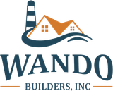 Logo for Wando Builders, Inc. featuring a dark blue lighthouse and house silhouette with orange roof, over blue text.