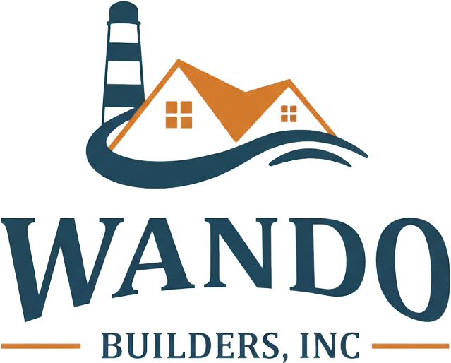 Logo for Wando Builders, Inc. featuring a dark blue lighthouse and house silhouette with orange roof, over blue text.