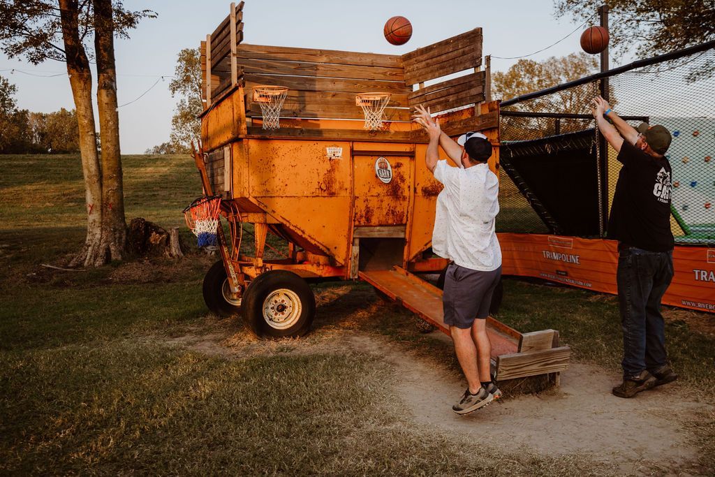 barnyard basketball. shoot your shot on our farm wagon turned into a basketball hoop.