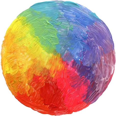 Multicolored abstract painted sphere in yellow, green, blue, purple, and red bands