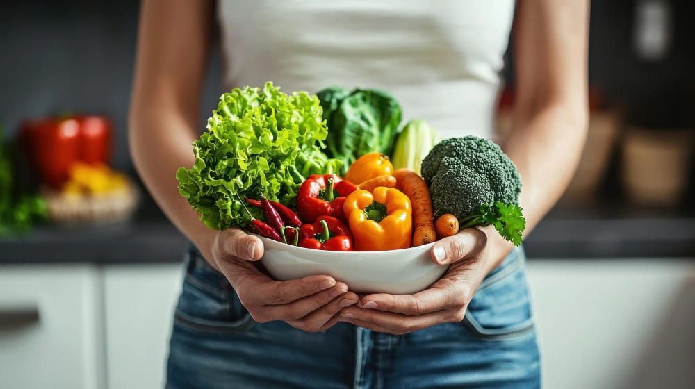 Persona sosteniendo un tazón de verduras frescas en una cocina, que incluye lechuga, pimientos, tomates, brócoli y zanahorias.