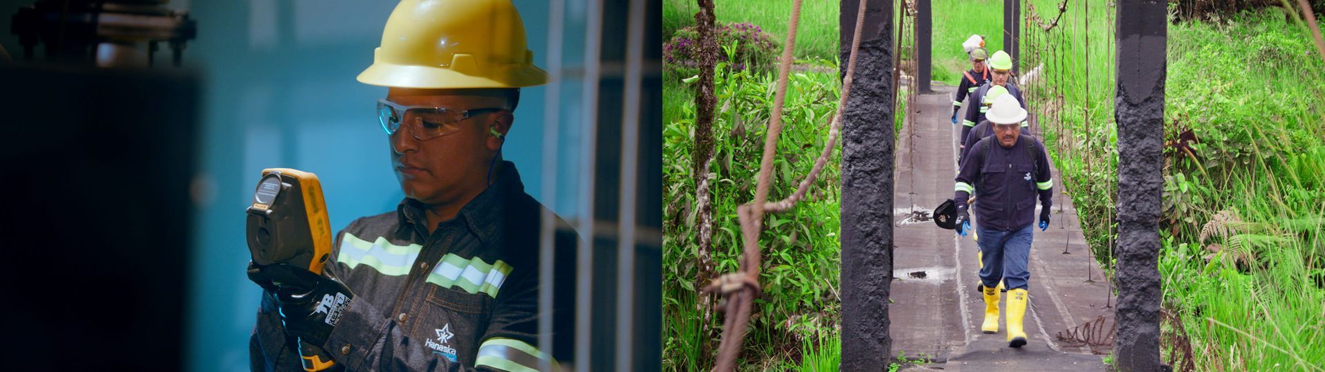 Un trabajador de servicios públicos con casco amarillo revisa el equipo junto a un sendero arbolado mientras otra persona camina cerca.